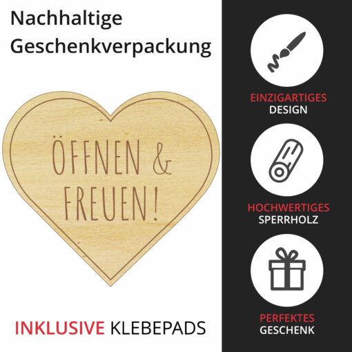 Öffnen und freuen Holzherzen zum aufkleben, Nachhaltige Geschenkverpackung für Weihnachten, Hochzeit o. Geburtstag mit Herzmotiv – Bild 4