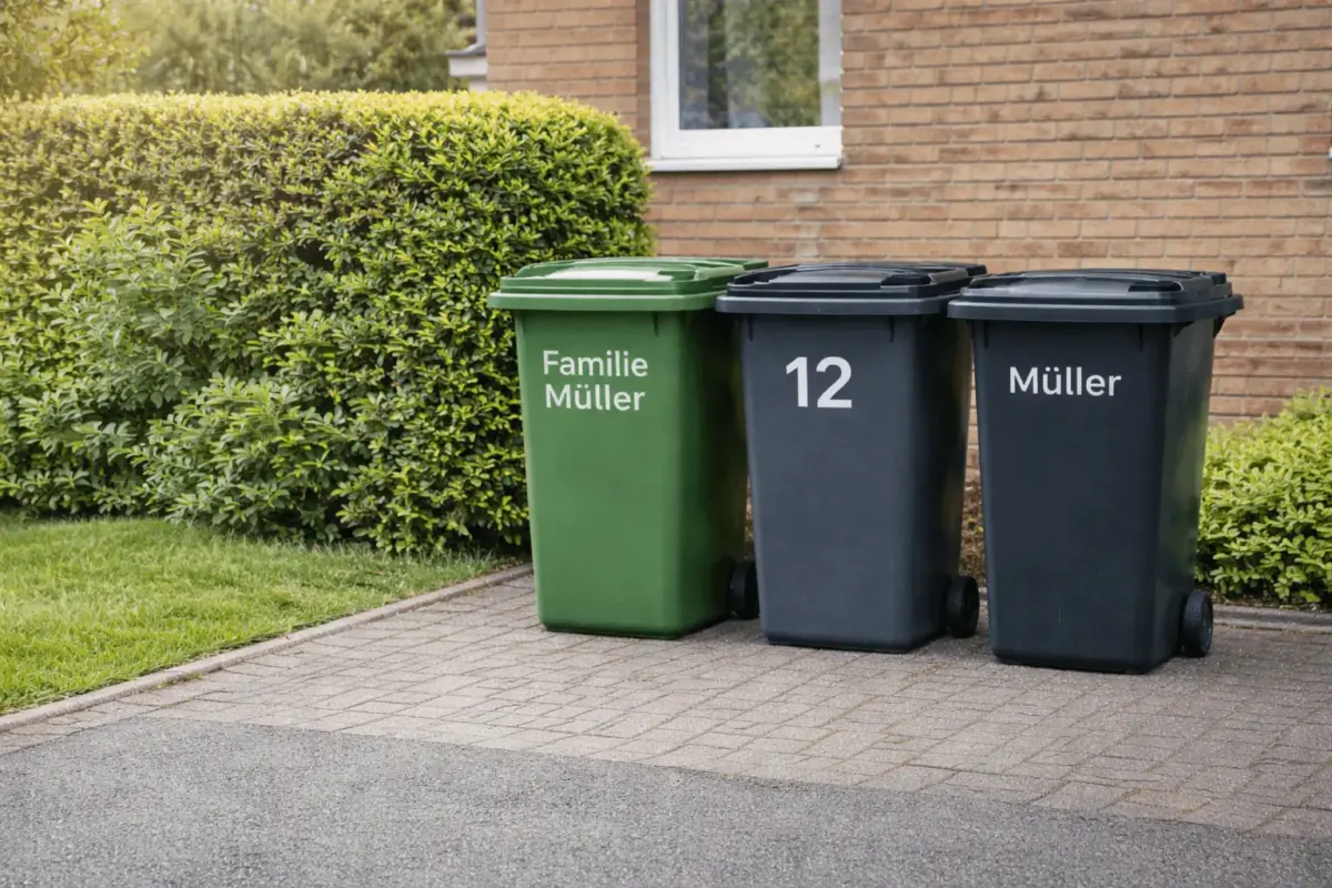 Aufkleber für Mülltonne mit Namen und Hausnummer auf drei Mülltonnen im Außenbereich