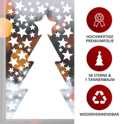 Fensteraufkleber für Weihnachten, Sterne + Tannenbaum, Winterdeko für Fenster & Tür, wiederverwendbar – Bild 3