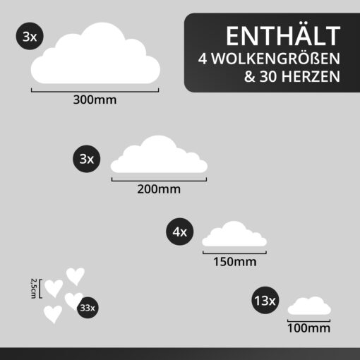 Wolken + Herzen Wandaufkleber Kinderzimmer für Mädchen & Jungen, Wandsticker zum Kleben, Wandtattoo in weiß – Bild 4