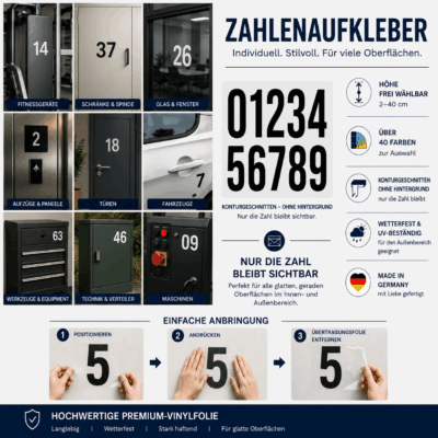 Individuelle Zahlenaufkleber – wetterfest und konturgeschnitten